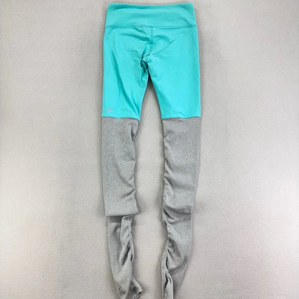 Alo Yoga Goddess Ribbed Ruched Leggings Womens XS Gray‎ Blue Dance Full Length
